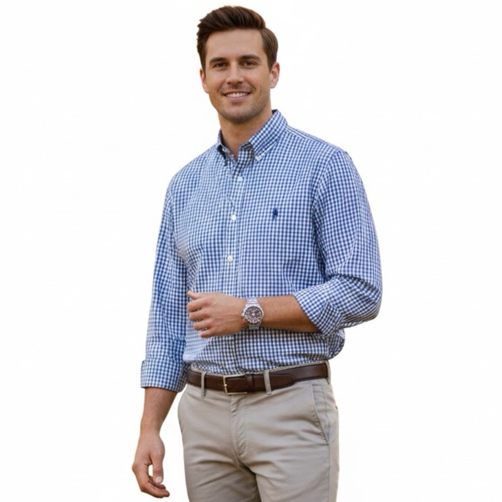 USPA Blue Gingham Plaid Checkered Wrinkle Free Men’s Dress Shirt 17.5/34
